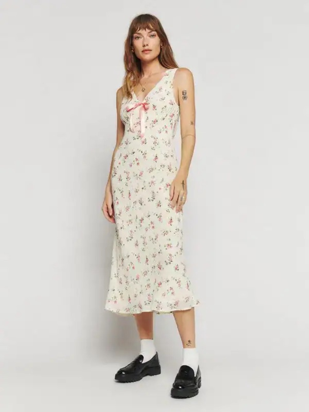 Reformation Janis Dress Floral Cream Slip Dress with Pink Bow XS NWT